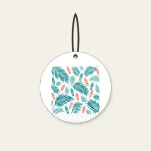 Palm Shadows and Tiny Surfboards Ceramic Ornament in white: Palm-leaf shadows and tiny surfboards in teal and coral on cream.