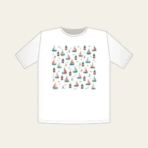 Tiny Sailboats and Harbour Lanterns T-Shirt in white: Tiny sailboats and harbour lanterns repeat in teal, coral and cream.