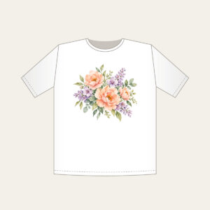 Watercolor Blooms in Peach and Lilac T-Shirt in white: Gentle watercolor blooms in peach, lilac and sage bleed softly across white space.