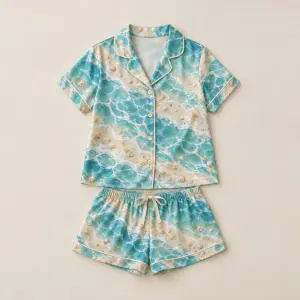 Satin Short Set with Loose Shorts in Lagoon Tones with all-over lagoon waves and tiny shells in teal, sand and cream