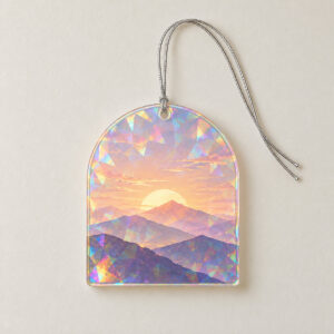 Shattered Dawn Glass-Look Ornament with dawn horizon in peach, lilac and pale gold with three mountain silhouettes, printed on one side to catch broken-glass hologram facets