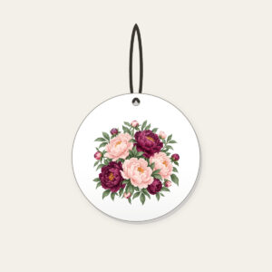 Blush and Plum Peony Garden Ceramic Ornament in white: Peonies and leaves in blush, plum and sage fill the artwork edge to edge.