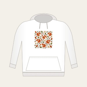 Curled Foxes, Acorns and Leaves Hoodie in white: Curled-up foxes, acorns and leaves repeat in rust, cream and moss.