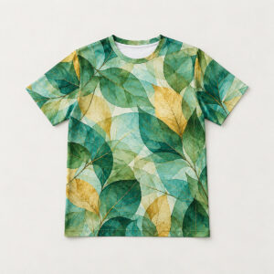 Prism Leaf Tee with overlapping translucent leaves in green, aqua and gold