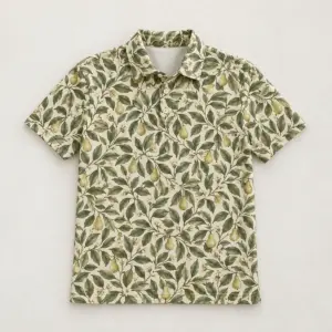 Mosaic Orchard Men's All-Over Polo with all-over mosaic of leaves and tiny pears in sage, olive and cream
