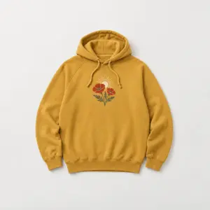 Daybreak Poppy Raglan Hoodie with compact chest print of two poppies with a rising sun in red, cream and olive