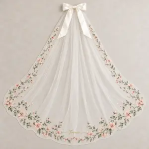 Satin bow veil with a blush blossom and vine border and a tiny script line