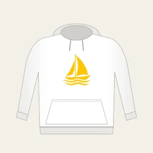 Little Sailboat on Three Ripples Hoodie in white: A white and yellow sailboat glides above three ripple lines.