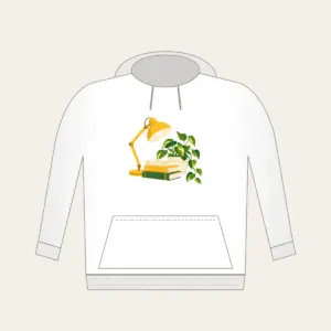Lamplit Desk with Books and Fern Hoodie in white: A warm yellow desk lamp glows beside a stack of books and a potted plant in cream and green.