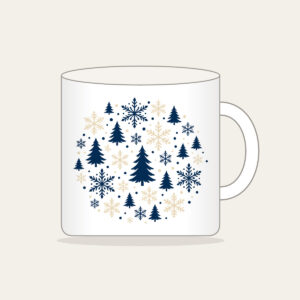 Snowflakes and Pines in Navy and Cream Mug in white: Snowflakes and pines repeat in navy and cream.