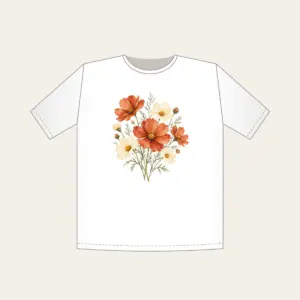 Terracotta Cosmos and Buttery Daisies T-Shirt in white: Loose watercolor cosmos in terracotta beside buttery daisies on fine sage stems.