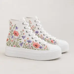 Wildflower Meadow High-Top Shoes with wildflowers in coral and violet growing up from the toe cap with green stems along the sides