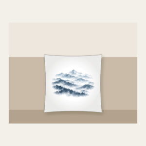Misty Grey-Blue Ridgelines Pillow in white: Grey-blue ridges layer into fog across the artwork.