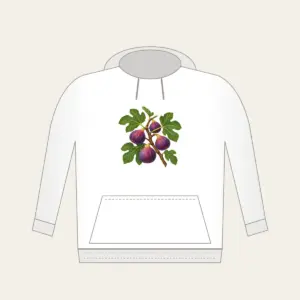 Fig Branch with Plump Purple Figs Hoodie in white: A fig branch carrying plump purple figs and broad green leaves on a cream ground.