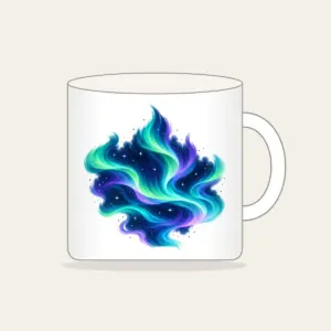 Northern Lights over Starry Navy Mug in white: Flowing aurora bands in green, teal and violet sweep over a deep navy sky dotted with tiny stars.