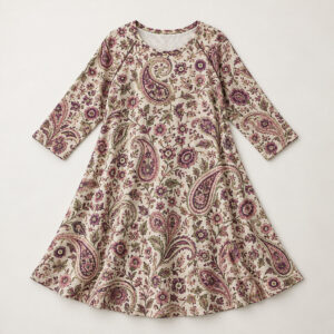 Paisley Garden Raglan Dress with a paisley garden pattern with small flowers in plum, rose and olive on cream
