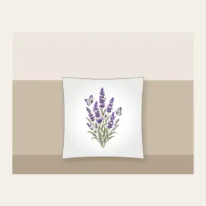 Lavender Stems and Two Butterflies Pillow in white: Tall lavender stems rise beside two small butterflies in violet, cream and sage.