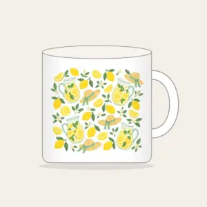 Lemonade Stand Pitchers and Lemons Mug in white: Lemonade pitchers, lemons and tiny straw sunbonnets repeat in yellow, white and mint.