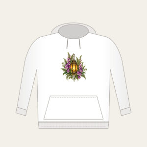 Lantern Among Foxgloves and Ferns Hoodie in white: A suspended lantern glows amber among violet foxgloves and green fern leaves on a pale stone ground.