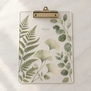 Botanical Study Acrylic Clipboard with front panel with leaf studies of fern, ginkgo and eucalyptus in sage and cream, 1-side printed, short word "Notes"