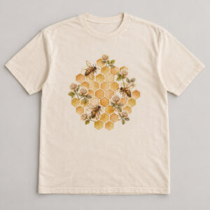 Honeycomb Bloom Tee with centred print of a hexagonal honeycomb grid with three small bees and tiny clover blossoms in gold and brown
