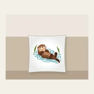 Floating Otter on Teal Ripples Pillow in white: A cocoa-brown otter floats on its back in teal ripple lines beside two reed leaves.