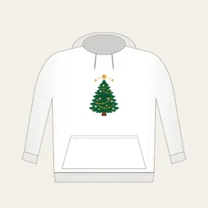Little Pine and Five Stars Hoodie in white: A friendly stylised pine tree with five small stars above it in cream and gold.