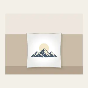 Moonrise over Three Peaks Pillow in white: A round moon rises over three mountain peaks in cream and slate.