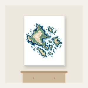 Topographic Coastline and Islands Map Canvas Print in white: Topographic contours of a coastline and islands in navy, sea green and sand on cream.