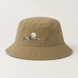 Mountain Moon Bucket Hat with small front print of a moon rising over three peaks in cream and slate