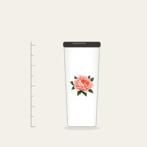 Full-Blown Peony with Green Leaves Tumbler in white: A full-blown peony in blush and coral with deep green leaves.