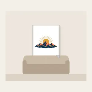 Mountain Range with a Golden Sunrise Disc Fleece Blanket in white: A mountain range at sunrise with a golden sun disc at the center in navy, coral and gold.