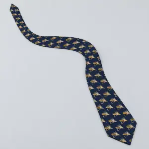 Trout Fly Necktie with tiny trout flies arranged in diagonal rows in navy, gold and cream