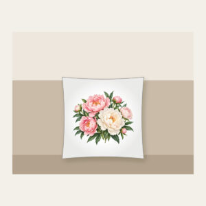 Blush and White Peonies Pillow in white: Peonies in blush and white with green leaves on a cream base.