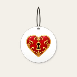 Heart and Keyhole in Red and Gold Ceramic Ornament in white: A small heart with a keyhole in red and gold on a clean ground.