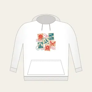 Vintage Postage Collage Hoodie in white: Vintage postage stamps with a wavy postmark in teal, cream and red.