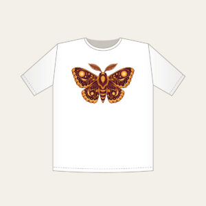 Glowing Amber Moth T-Shirt in white: A large moth with intricately patterned wings, each marked with a glowing circle in amber and plum.