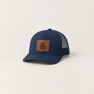 Pine Cone Patch Trucker Cap with an engraved pine cone on the patch, single tone