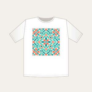 Aqua and Coral Mosaic Tiles T-Shirt in white: Mosaic tiles in aqua, coral and cream fit together across the artwork.