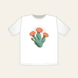 Prickly Pear with Three Coral Blossoms T-Shirt in white: A prickly pear cactus with three coral blossoms and fine sun rays in weathered turquoise and coral.