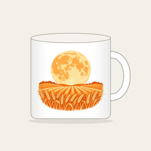Harvest Moon over Wheat Mug in white: A large orange harvest moon above rows of wheat in orange and cream.