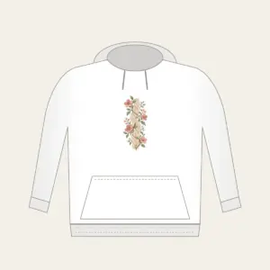Cable Pattern Twined with Little Flowers Hoodie in white: A flat cable pattern entwined with small flowers in oatmeal, sage and rose.