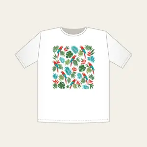 Parrots and Palm Leaves Repeat T-Shirt in white: Small parrots and palm leaves repeat in red, turquoise and green on cream.