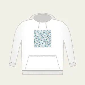 Tiny Waves and Pebbles Repeat Hoodie in white: A small-scale repeat of waves and pebbles in navy, teal and sand.