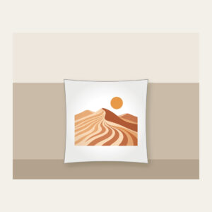 Dune Ripples with a Small Sun Pillow in white: Sand dune ripples in warm tan, terracotta and cream under a small sun.