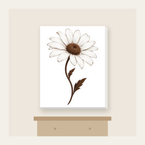Single Daisy with Curved Stem Canvas Print in white: A single daisy with a curved stem in white and deep brown.
