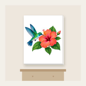 Hummingbird and Hibiscus Canvas Print in white: A hummingbird beside a coral hibiscus flower with green leaves on a pale teal field.