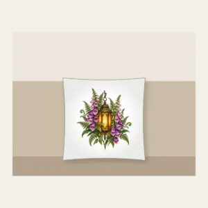 Lantern Among Foxgloves and Ferns Pillow in white: A suspended lantern glows amber among violet foxgloves and green fern leaves on a pale stone ground.