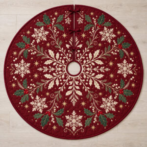 Round quilted tree skirt printed with a cream snowflake medallion on burgundy