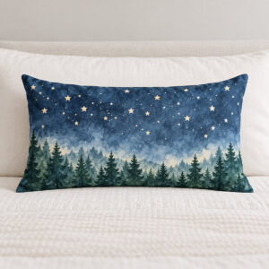 Quiet Pines Bedding Pillow Case with allover band of pine silhouettes along the lower edge and a drift of tiny stars across the top in slate, forest green and cream